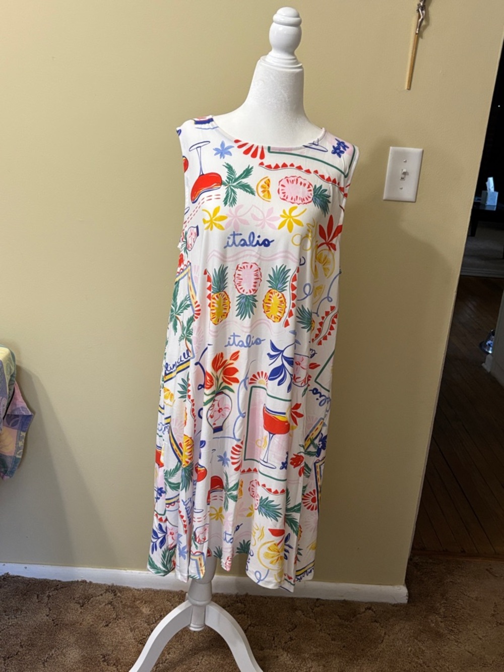 Women’s White Midi Dress with Tropical Print